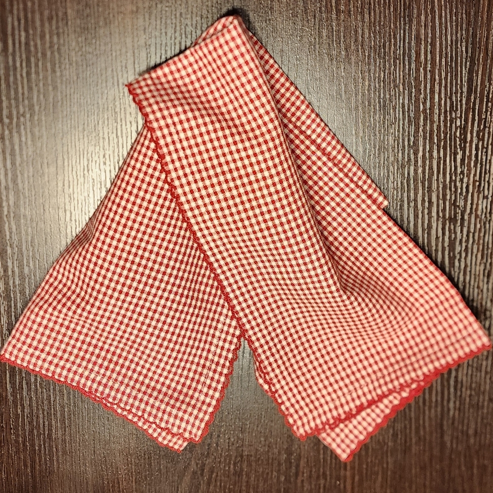 Pier1 red gingham napkins fabric set of 12 cotton eyelet trim, NEW!